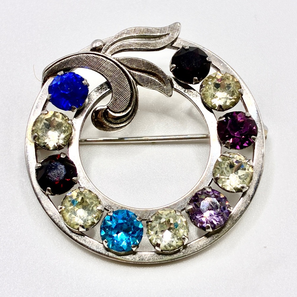 Vintage Circular Brooch in Silver Tone with Colored Rhinestones  1.25 Inch Diam.